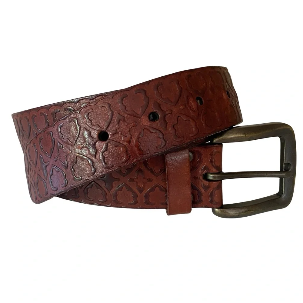 Vintage Fossil Embossed Leather Belt Brown Size L